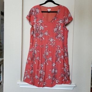 Garnet Hill Coral Floral Summer Day Dress Short Sleeve w Pockets Size 18